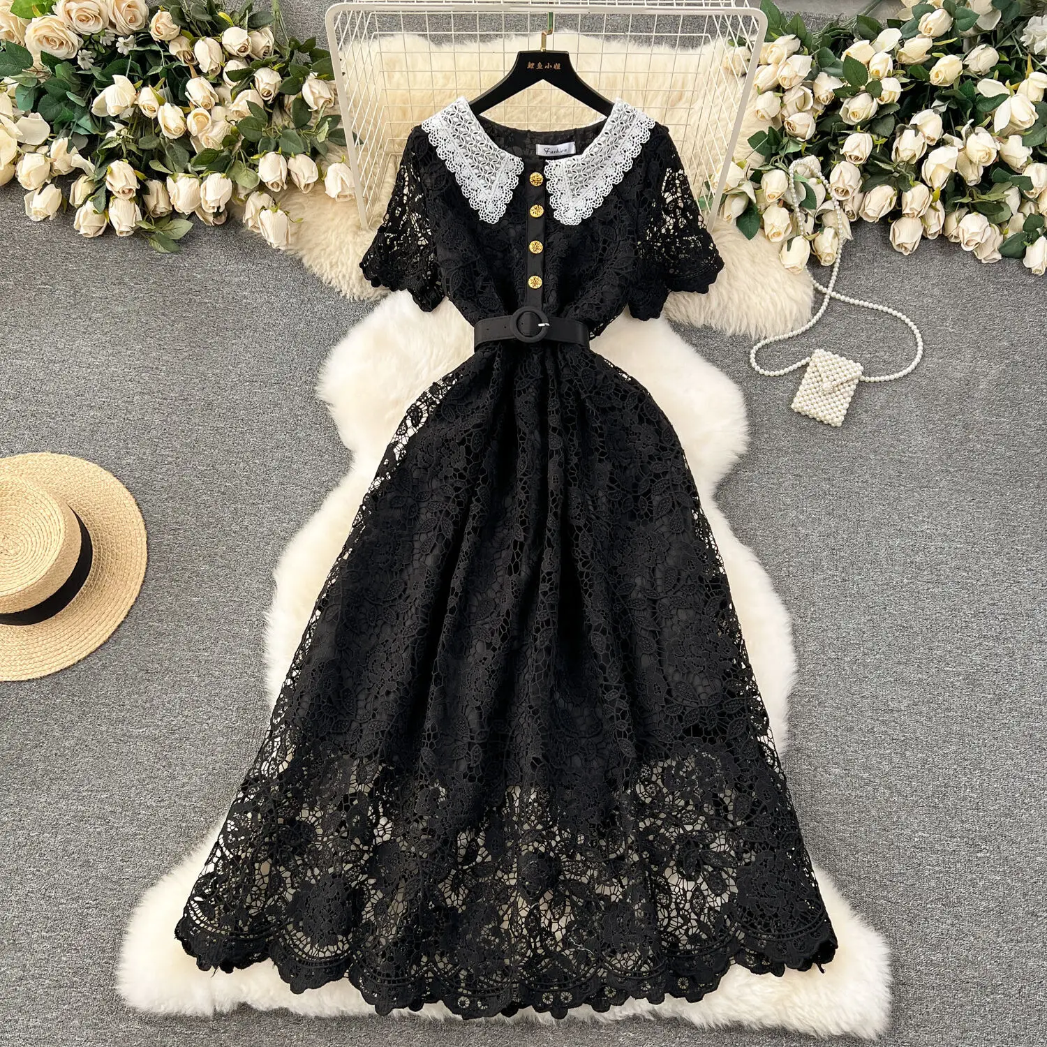 Basic Casual Dresses Vintage Summer Autumn Lace Evening Long Dress Women Short Sleeves Single Breasted Peter Pan Collar Midi Vestidos Party Robe 2025