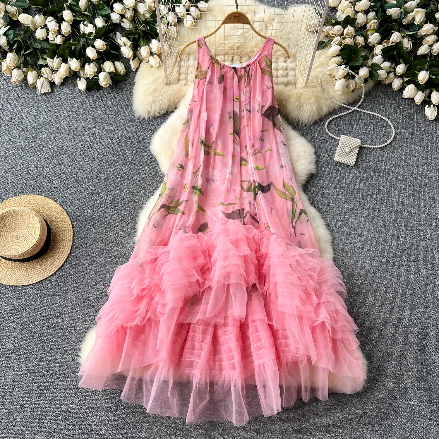Basic Casual Dresses French Vintage Print Dress Women O-Neck Spaghetti Strap Mesh Splice Irregular Ruffles Beach Fashion Ball Gown Dresses