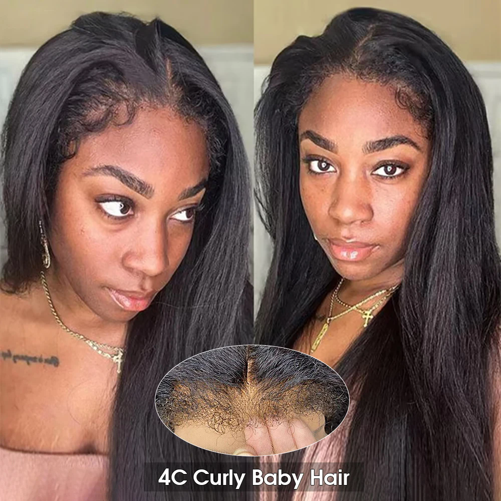 Kinky Straight transparent HD full Lace frontal Wig Human Hair 4C Edges Curly Natural Baby Hair Wig Yaki Straight Lace Front women Hair Wigs