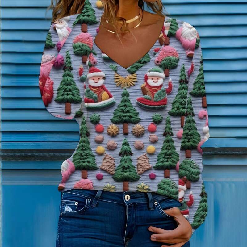 autumn winter European American Christmas print V-neck long sleeved women's T-shirt can be customized. 2024 new style chic and elegant clothing