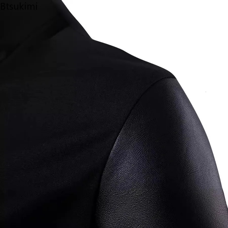 Fashion Stand Collar Leather Patchwork Knitted Jacket for Men Spring Autumn Punk Style Motorcycle Zip Coat Handsome Clothing 241202