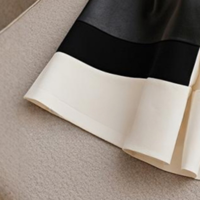 Leather Women Skirts Ruffles Contrast Color Patchwork Faldas Mujer High Waist Korean Fashion Retro Winter Long Skirt