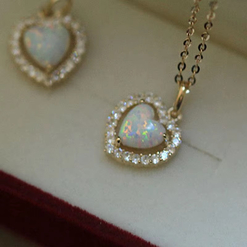 Dainty 14K Gold Plated Heart Pendant 925 Sterling Silver Opal Diamond Necklace