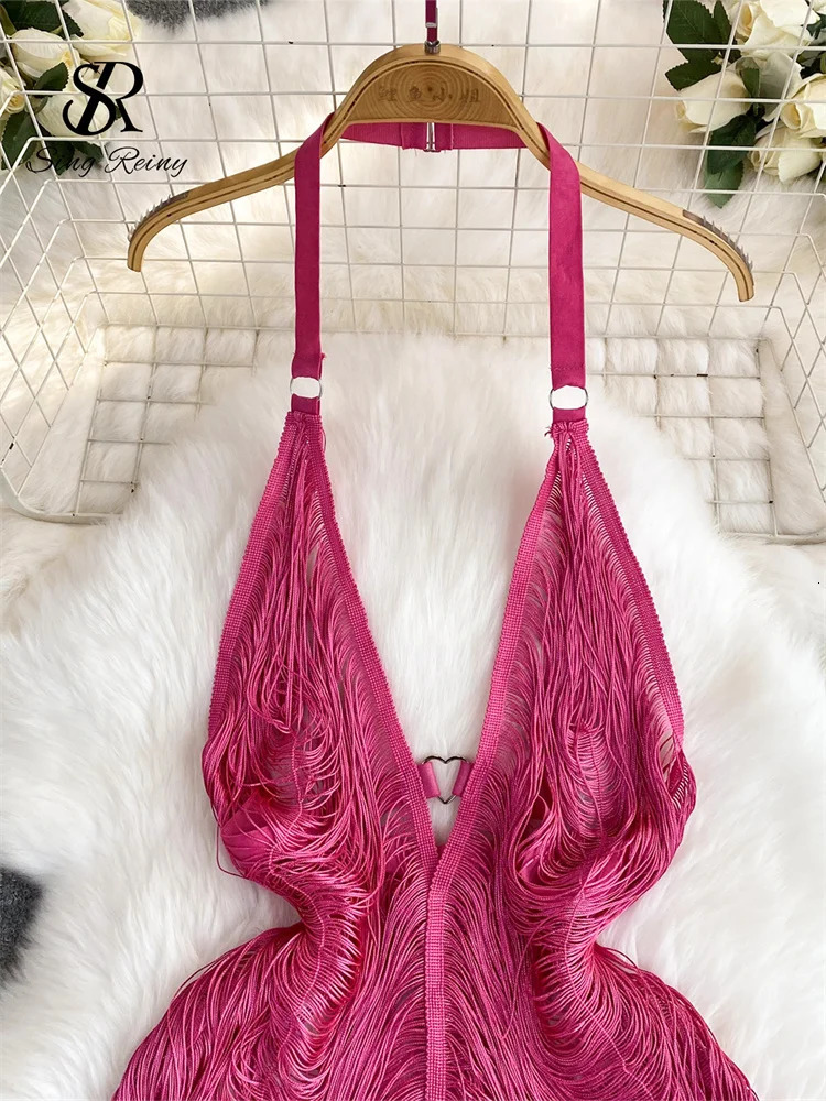 Singreiny Fashion Tassel Sheer Sexy Dress Halter Deep Vneck Hollow Transparent Beach Y2K Sex Nightclub 241206