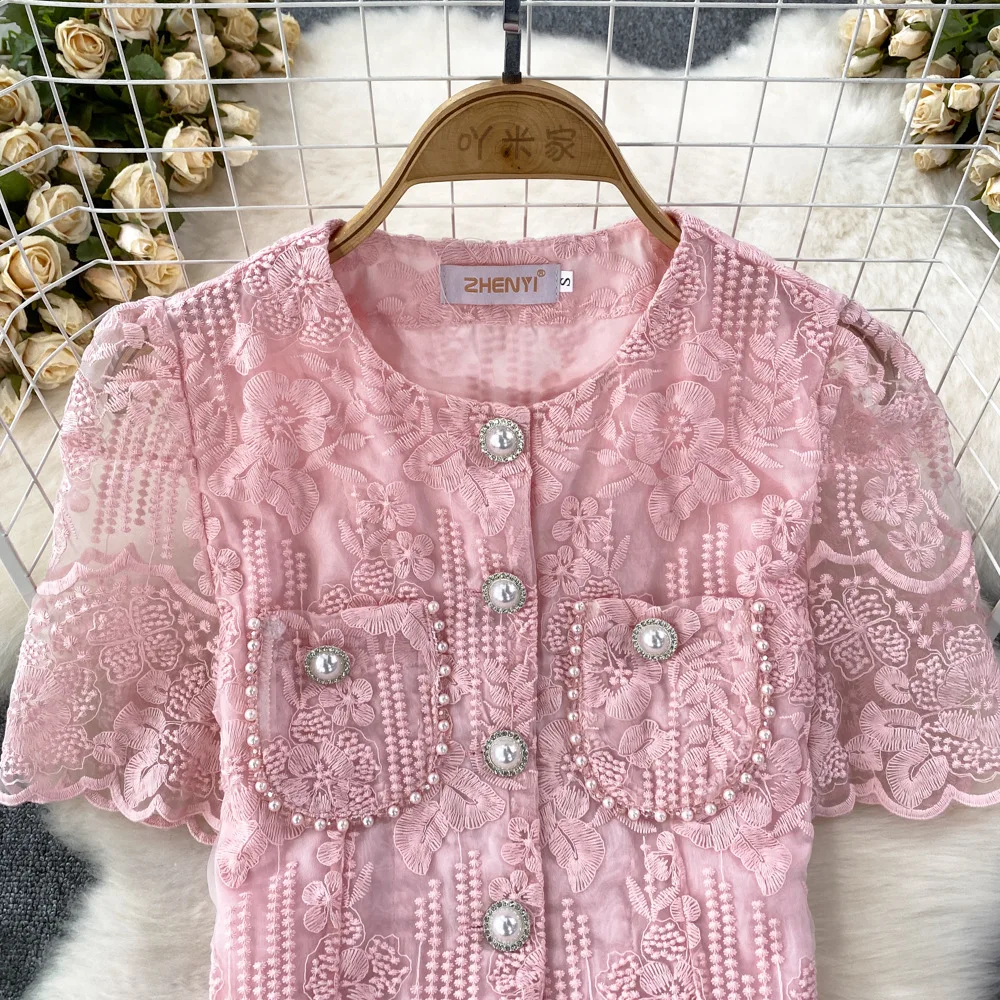Two Piece Dress 2025 Designer Summer Holiday Flower Embroidery Lace Two Piece Women Sets Pearls Button Jacket Tops Midi Long Skir