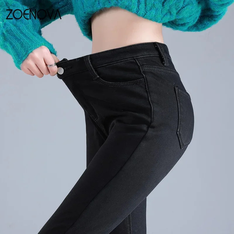 ZOENOVA Winter Thick Velvet Women Warm Skinny Jeans Simple Fleece Slim Fit Stretch Ladies Casual Denim Pencil Pants Y2K 241203