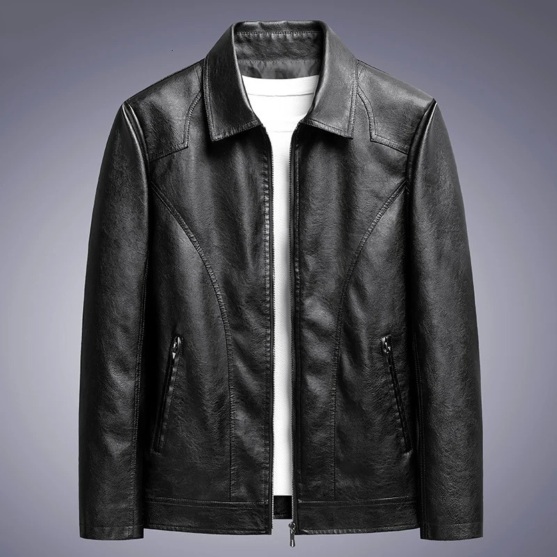 M8XL Mens Leather Jackets Autumn Winter Suit Collar Loose Middleaged Tops Fat Motorcycle Casual Plus Velvet Solid Color Coats 241202