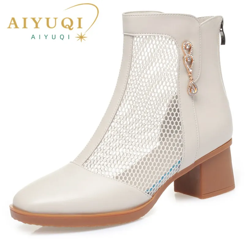 AIYUQI Women Summer Boots Spring Casual Women Mesh Boots Genuine Leather British Style Mesh Boots Women