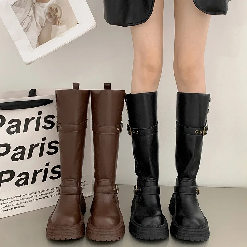 Vintage womens knight knee high boots elegant belt buckle shoes comfortable platform heels long Botas De Mujer 241206