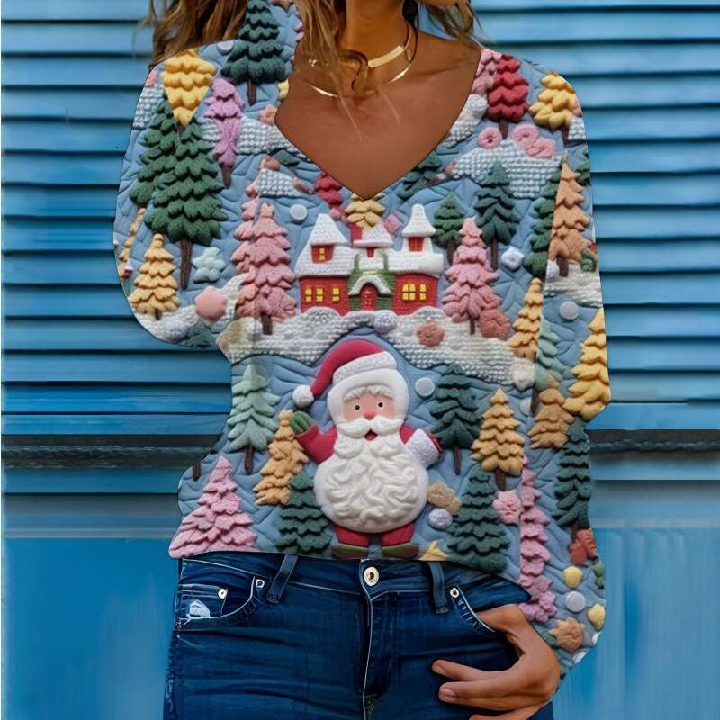 autumn winter European American Christmas print V-neck long sleeved women's T-shirt can be customized. 2024 new style chic and elegant clothing