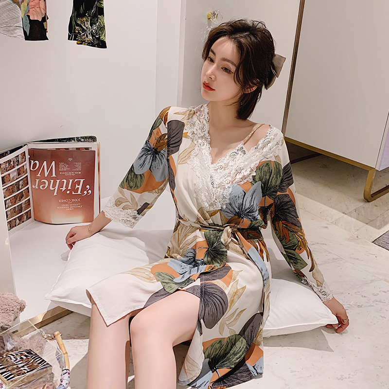 fashion 2025 Designer s new women s spring and summer cotton silk sexy plant print large hanging pajamas Hawaiian style bathrobe
