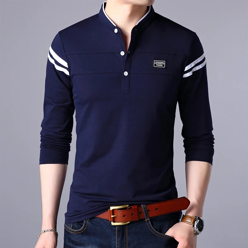 Mens Fashion Summer Long Sleeved POLO Tshirt Casual Cotton Breathable Top Stand Up Neck Sleeve Korean Comfortable Shirt 241202
