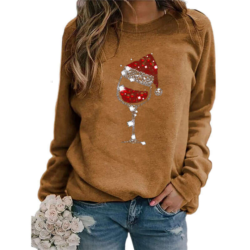 Autumn/Winter European and American Christmas Wine Cup Printed Long Sleeve Round Neck T-shirt Women's Wear 2024 New Casual Versatile Fashion Clot