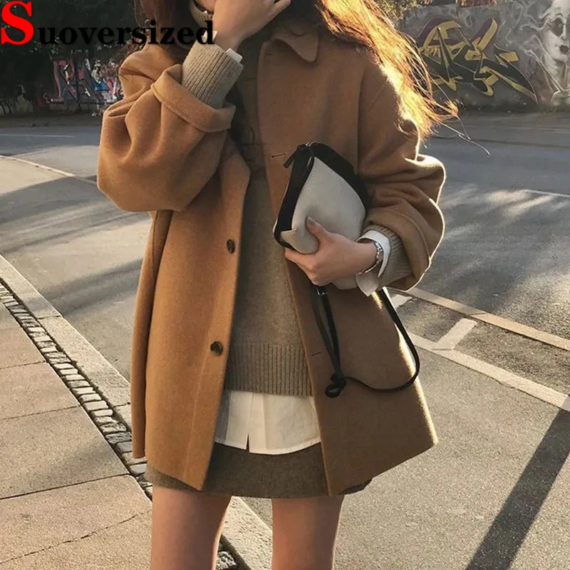 Korean Midlength Woolen Coats Fashion Singlebreasted Outerwear Women Abrigos Spring Autumn Wool Blend Jackets 241202