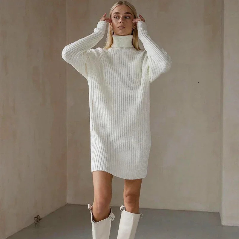 White turtle neck knitted dress for women winter and autumn oversized sweater fashionable long sleeved mini dress casual knitted dress 241206