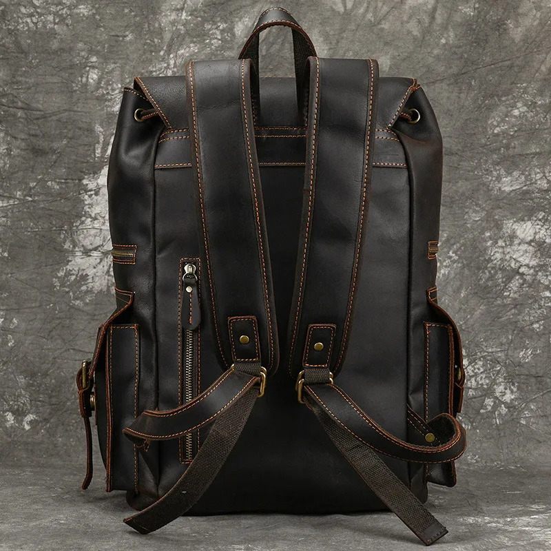 Mens retro backpack genuine leather student backpack large capacity travel bag 16 inch laptop bag 241206