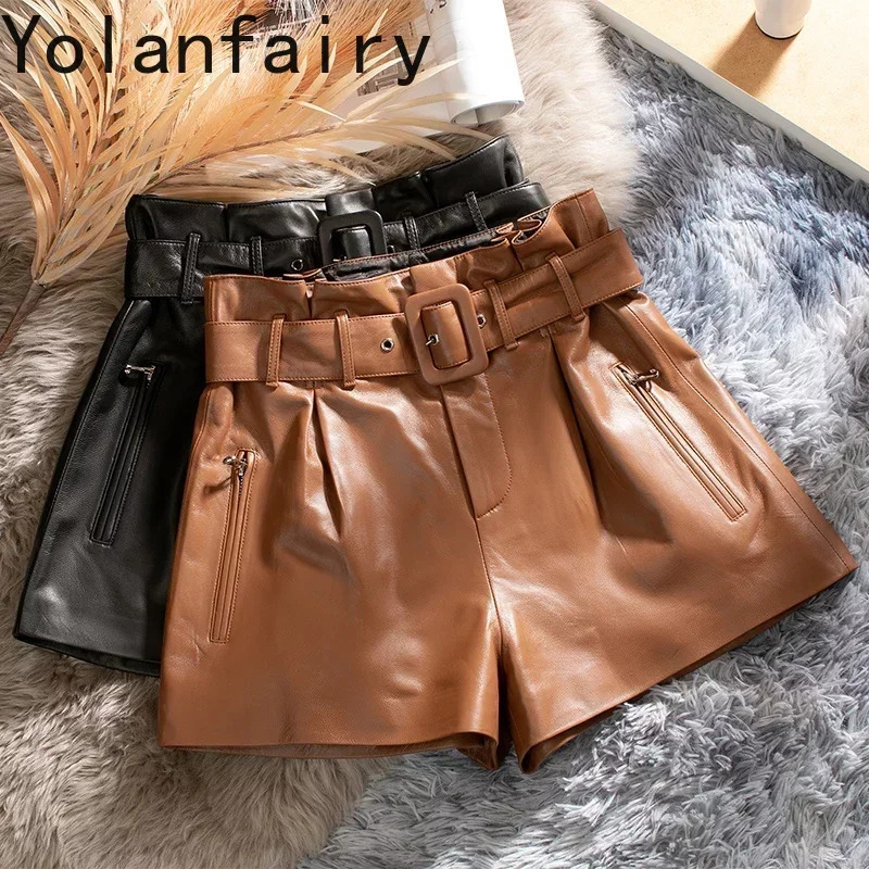 Womens High Waist Shorts Summer Real Sheepskin Womens Ultra Thin Leather Shorts Ropa Para Mujer Zjt2444 241206
