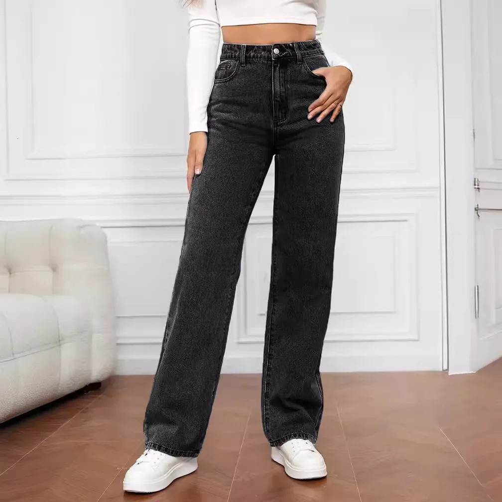 Europe and America Fashion Washed Highwaisted Jeans Spring Summer Straight Pants Casual Wideleg 241203