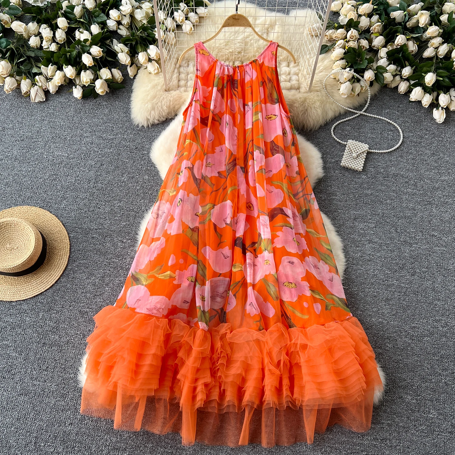 Basic Casual Dresses French Vintage Print Dress Women O-Neck Spaghetti Strap Mesh Splice Irregular Ruffles Beach Fashion Ball Gown Dresses