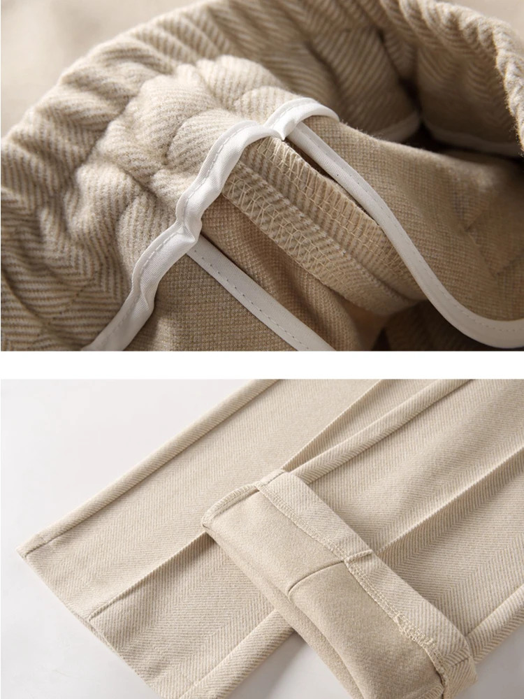 Herringbone Woolen Women's Autumn And Winter New Elastic Waist Flare Pants Fashion Warm Comfort Black Trousers Women