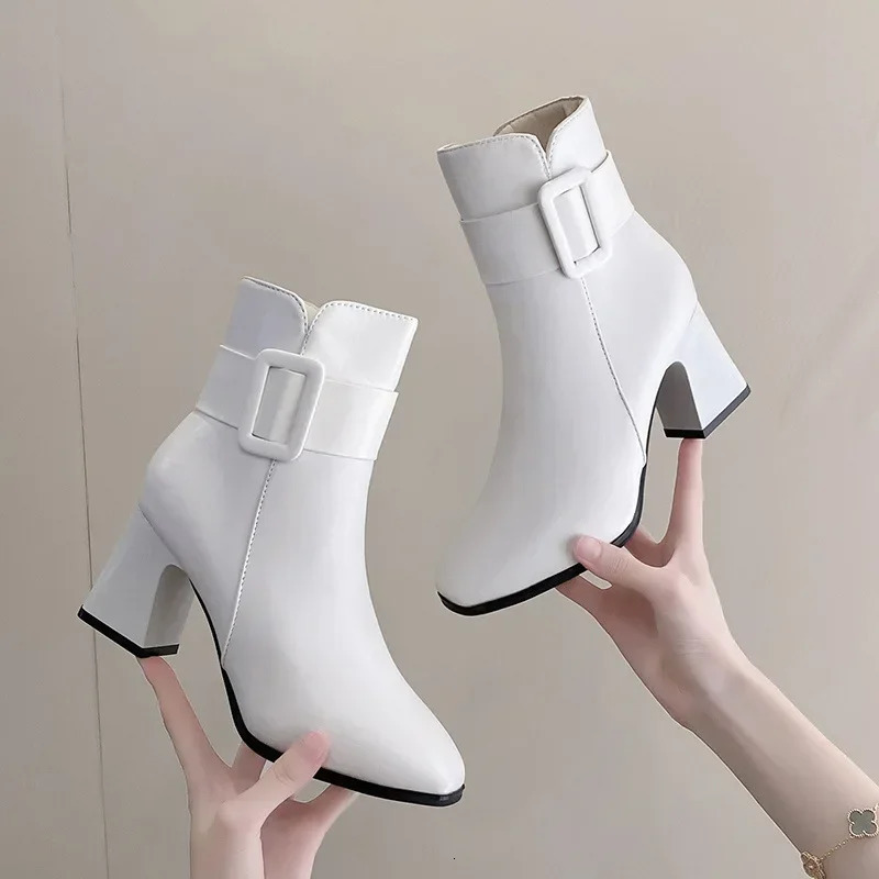 Fashionable white womens boots 2024 Korean version mid calf high heels thin fur autumnwinter rubber upper material 241206