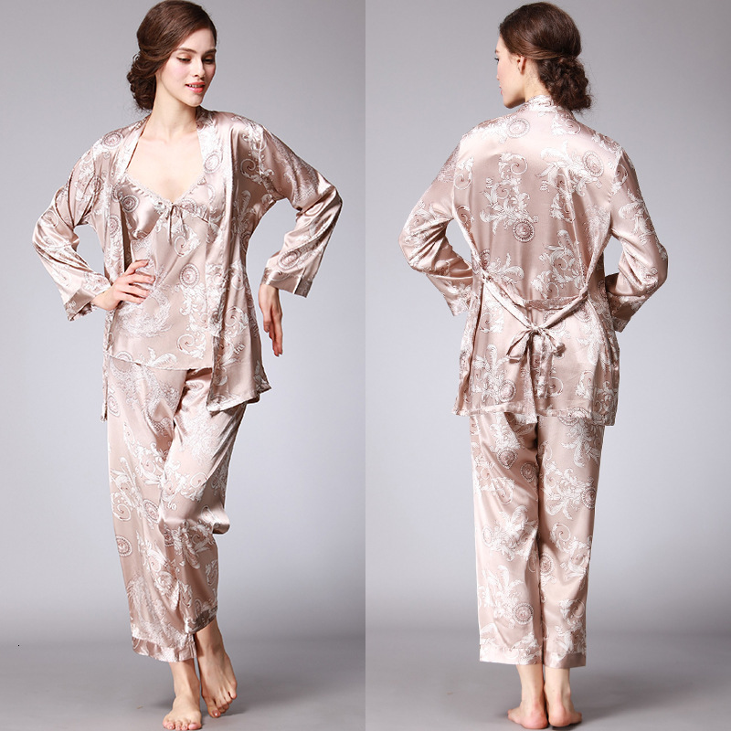 2025 Designer s new ice silk couple women s summer three piece set long sleeved men fashion s pajamas bathrobe home goods