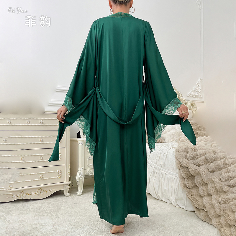 2025 Designer s new satin sleepwear lace light luxury long sleeved cool nightgown bathrobe home fashion wear for women