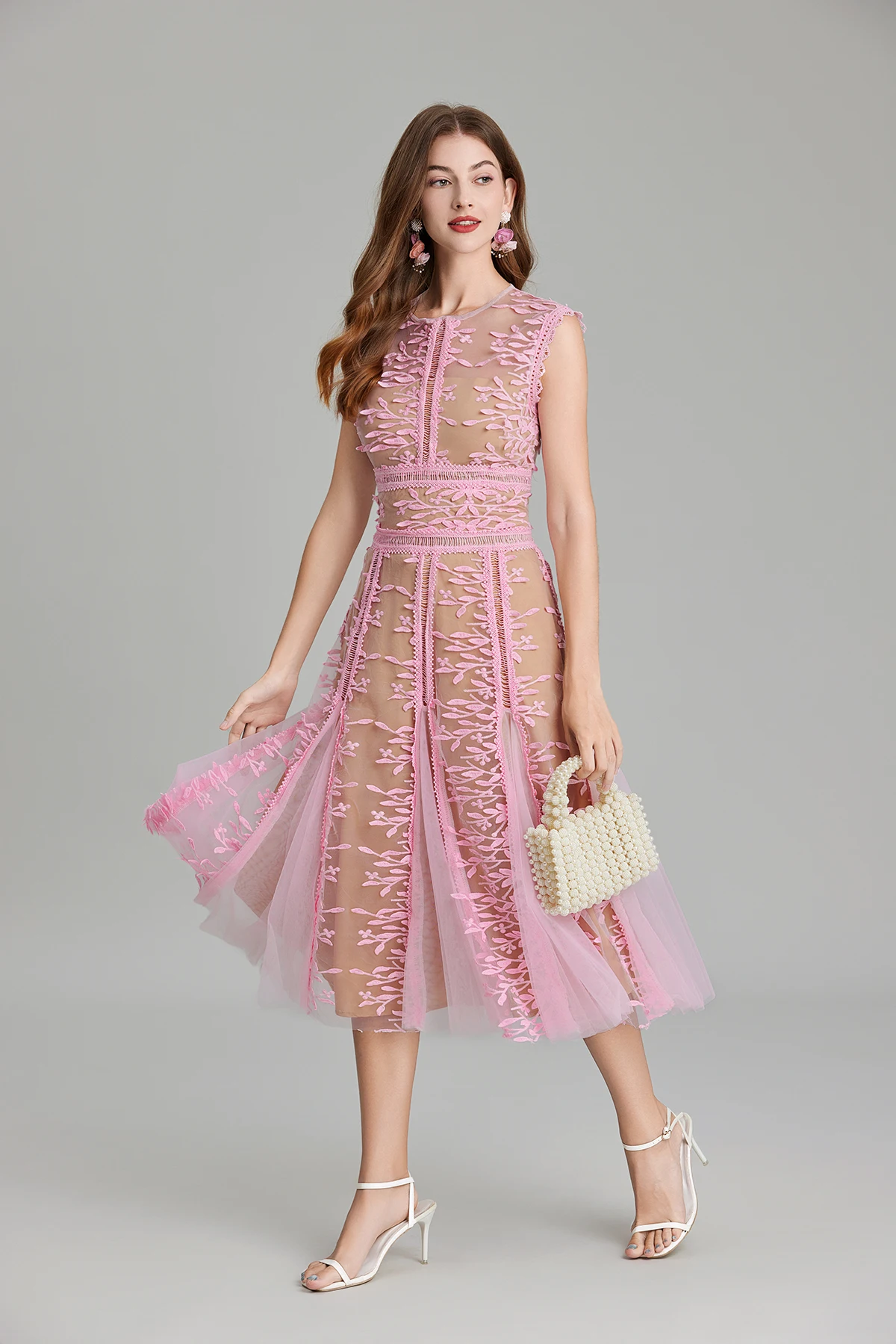 Casual Dresses French Luxury Purple Lace Mesh Embroidery Flower Dress Womens Sleeveless Hollow Out Patchwork A-Line Party Prom Pleat