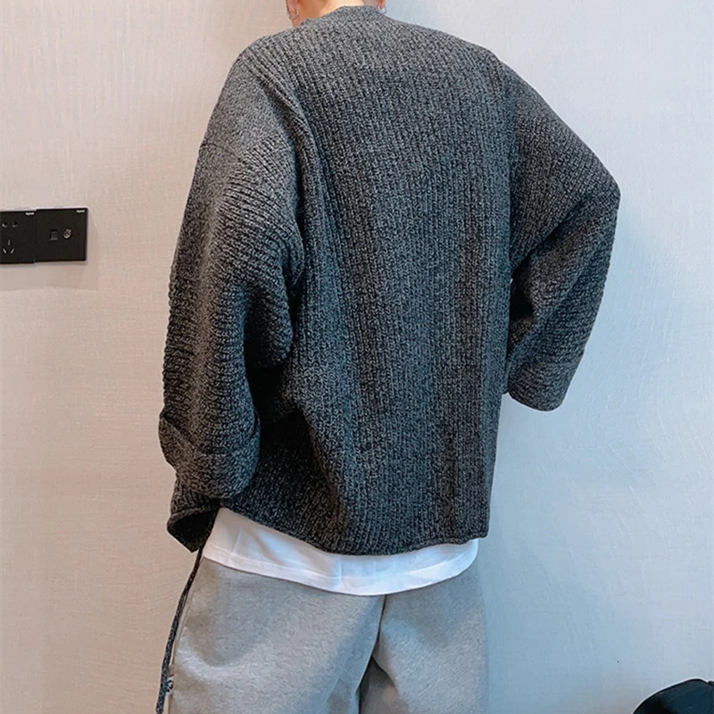 Japanese long sleeved mens cardigan Harajuku casual shoulder knitted sweater hip-hop loose jacket 241205