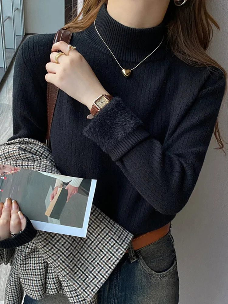 Womens Sweater Turtleneck Thickening Sheath Solid Knitted Pullover Female Autumn Winter Casual Knitwear Woman Allmatch Basic 241203