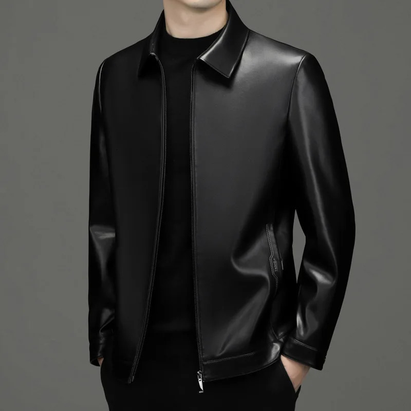 Leather jacket mens lapel stand collar slim fit solid color windbreaker autumn trendy motorcycle set windproof handsome s 241202