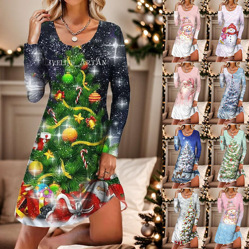 Popular round neck dress with sleeves 3D printed long sleeves, women's fashionable Christmas collection 2024 new style, chic and elegant clothing