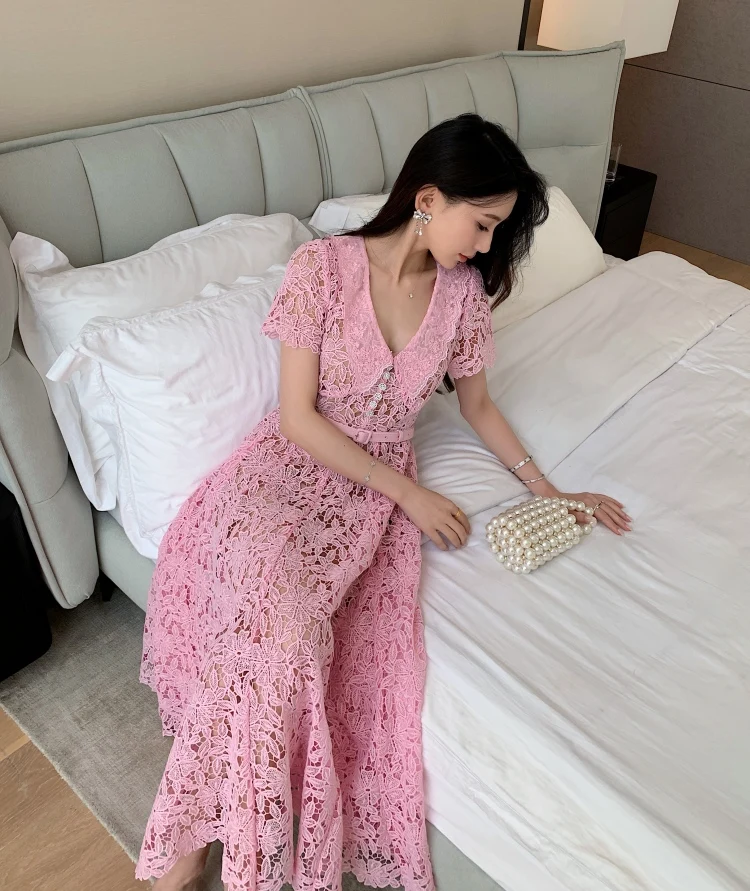 Prom Dress Women Runway Designer Quality Button Dias Long Party Summer Holiday Elegant Short Sleeve Midi Dresses Retro 2025