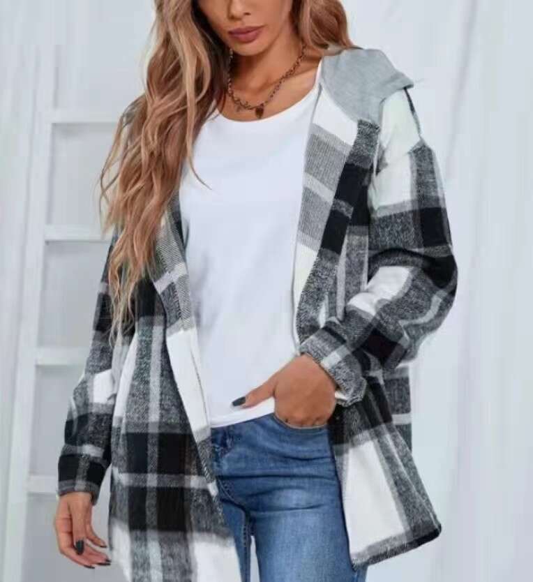 European American autumn winter plaid flannel woolen hooded jacket for women, 2024 new casual and versatile fashion clothing