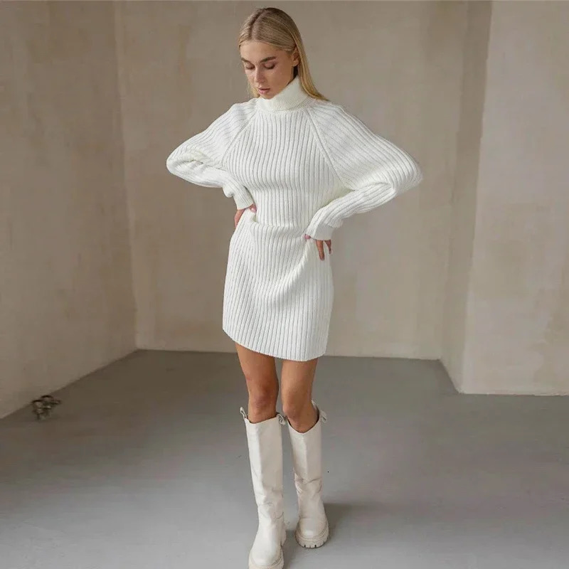 White turtle neck knitted dress for women winter and autumn oversized sweater fashionable long sleeved mini dress casual knitted dress 241206