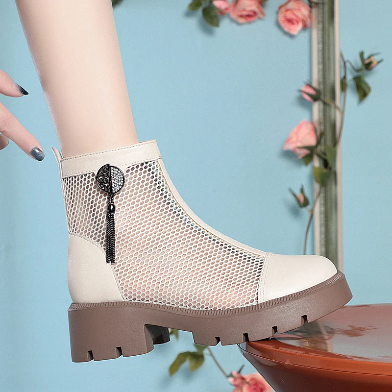 AIYUQI Women Summer Boots Genuine Leather British Fashion Summer Women Boots Mesh Tassel Women Cool Boots