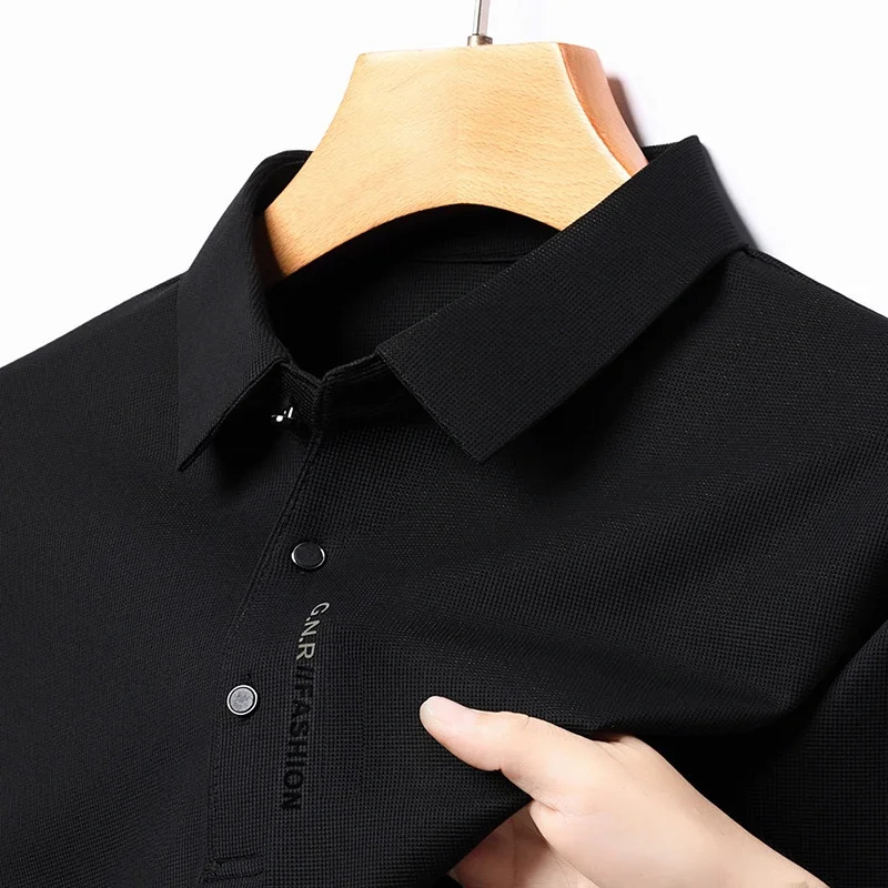 Waffle Mens Long Sleeve Tshirt Spring Lapel Business Casual Polo Shirt Elastic Base Top 241202