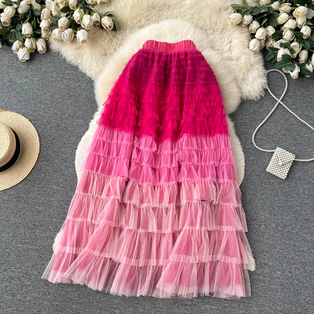 Colorful Rainbow Stripe Mesh Tulle Skirts Women 2023 Summer Autumn Long Maxi Skirt Fashion Elegant Elastic Waist 2025
