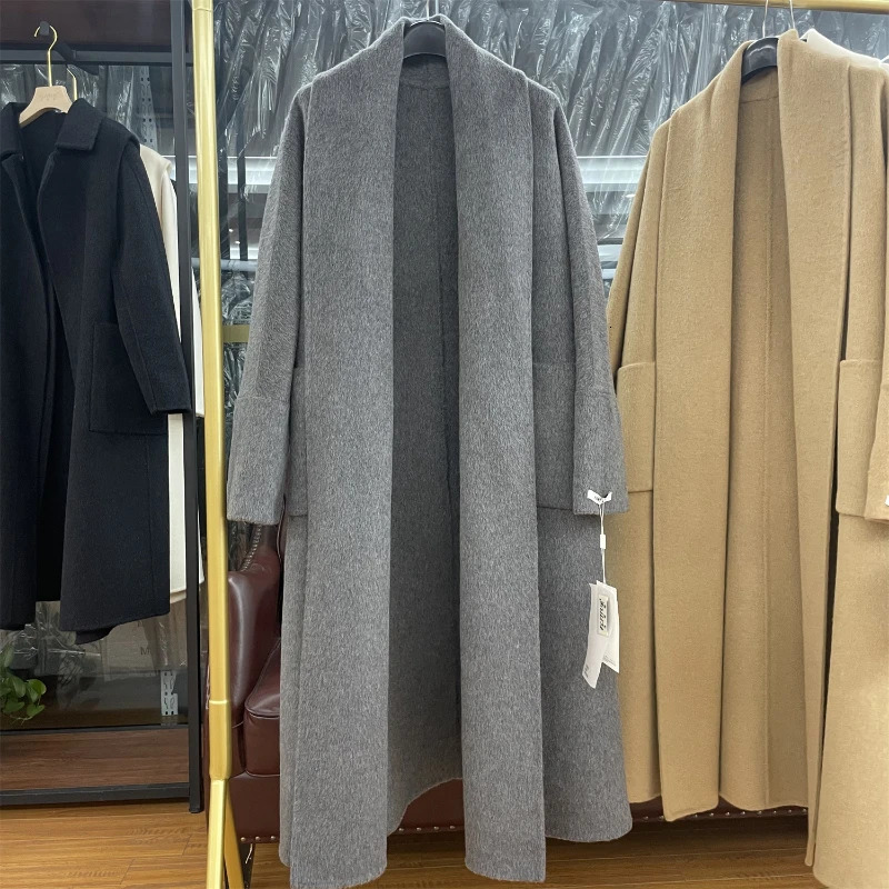 RosEvans DoubleSided Cashmere Coat Women Super Long Thick Wool Fashion Laceup Winter 241202