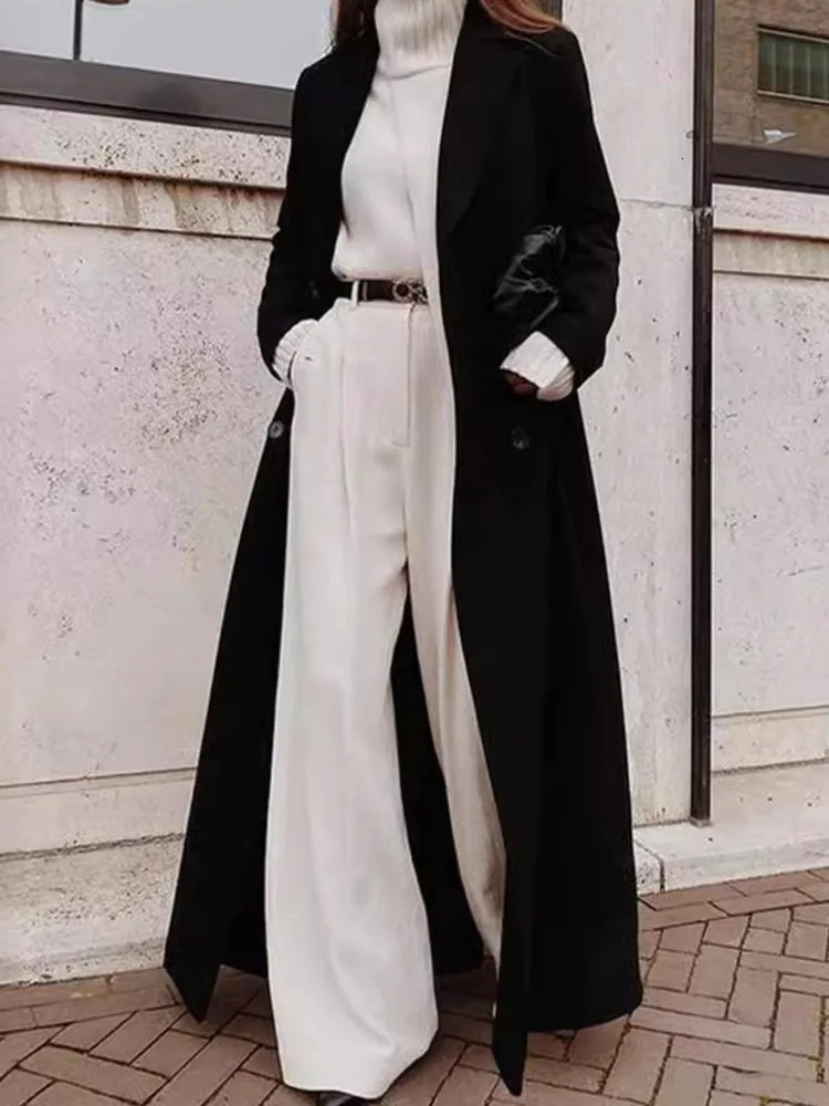 DFDG 2024 Women Retro Style Straight Tube Super Long Temperament Over The Knee Wool Trench Coat Black Suit Jacket Woman 241202