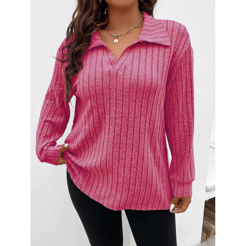 autumn and winter solid color plus size women's top V-neck long sleeved pit stripe brushed T-shirt loose 2024 temperament versatile new trendy cl