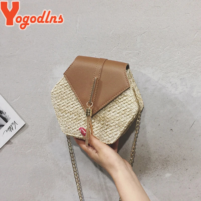 Yogodlns Hexagon Straw Shoulder Bag Women Summer Rattan Handmade Woven Beach Bohemia bolsa feminina chain Crossbody bag 241203