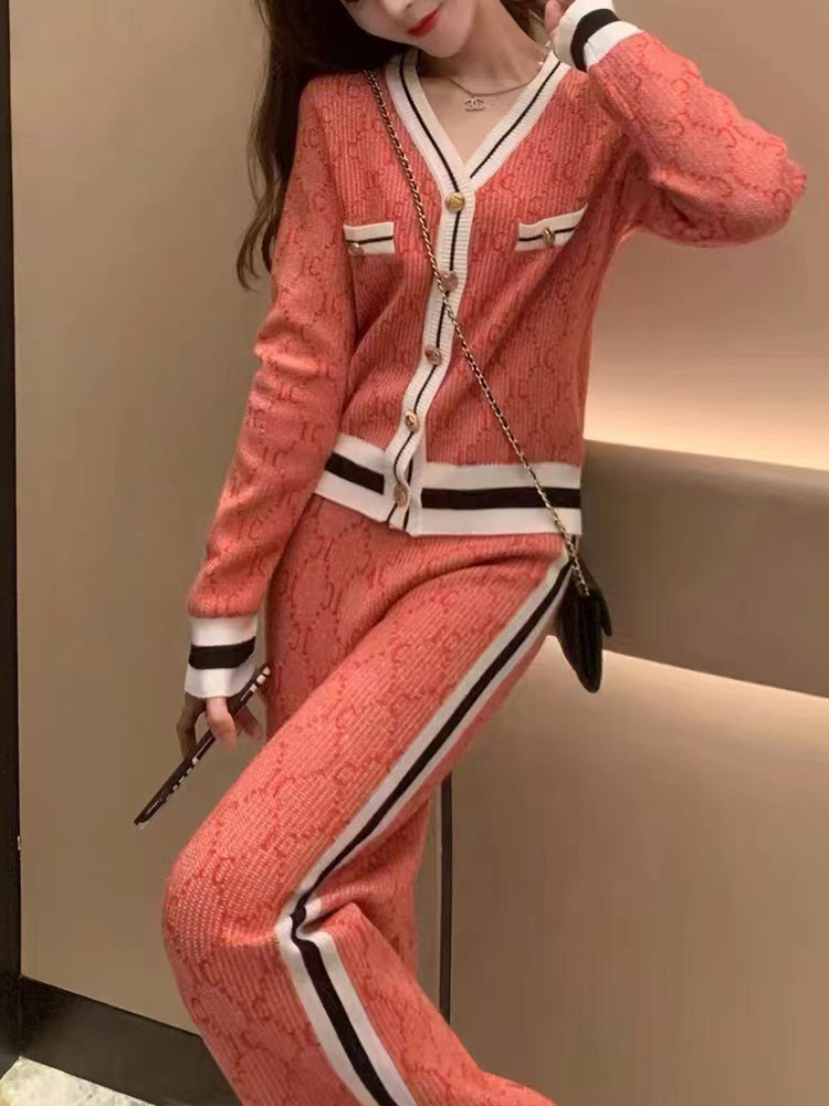 Casual V-Neck Single Breasted Knitted Cardigan+Wide Leg Pants Two-Piece Set Autumn New Fashionable Women's Clothing