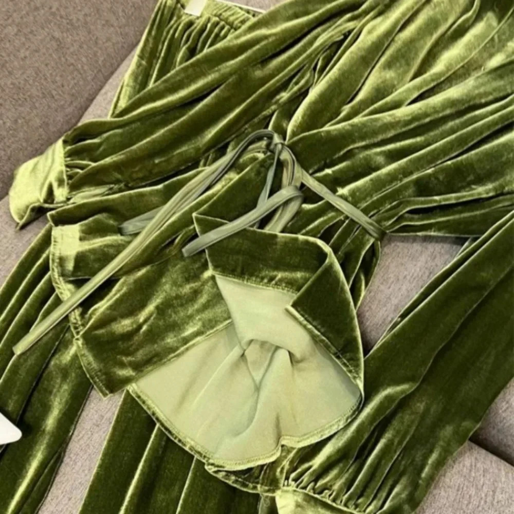 Elegant V Neck Lace Up Hong Kong Style Tops Veet Advanced Office Small Fragrance Wid Leg Pants Exquisite Suits Trousers