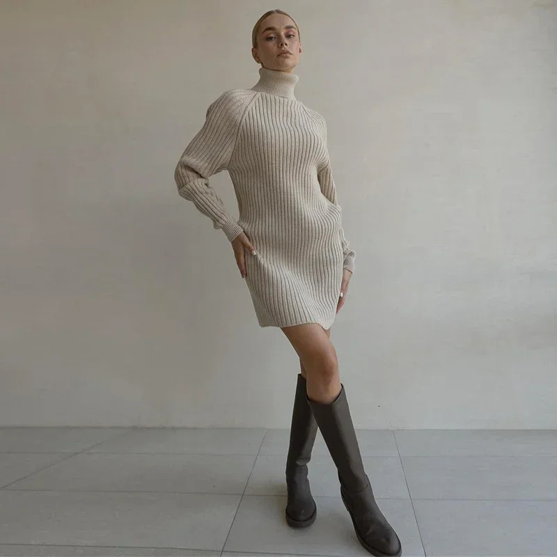 White turtle neck knitted dress for women winter and autumn oversized sweater fashionable long sleeved mini dress casual knitted dress 241206