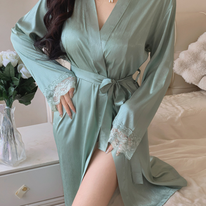 2025 Designer's new pink Pure Desire trench coat women's summer lace sexy fashion V-neck spring and autumn sleep long sleeved short skirt th