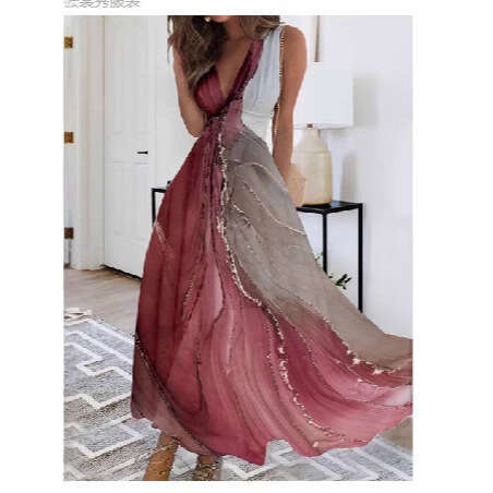 Large size promotion for European and American women's summer V-neck fabric high waisted sleeveless printed sexy vest dress 2024 new casual versa