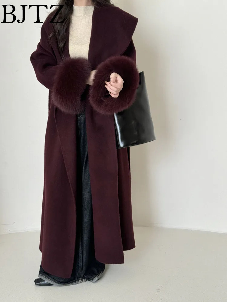 BJTZ Hair Cuffs Doublesided Cashmere Coat Women 2024 Autumnwinter Midlength Laceup Loose Fashion Simple 241202