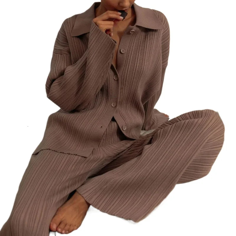 Cardigan Wide Leg Pants Two-Piece Knitted Sweater Set Ins New Style Pit Stripe Ensemble Femme