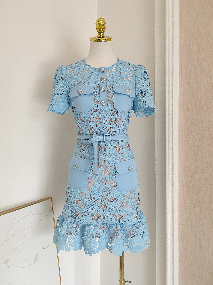 Basic Casual Women Dresses Summer Runway Hollow Out Flower Embroidery Lace Ruffles Mini Dress Womens O-Neck Diamonds Buttons Belt Party Short Vestidos
